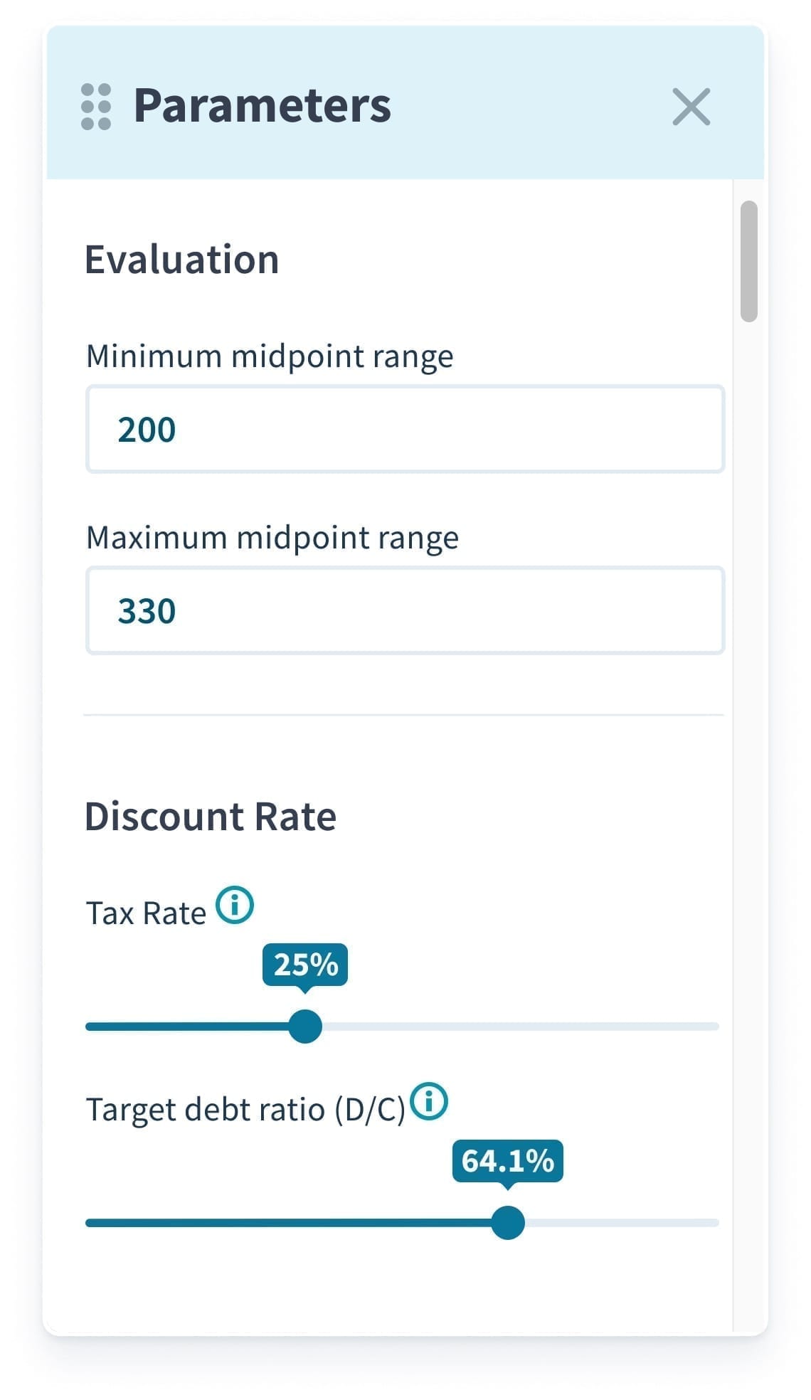 Capture d'écran du menu des paramètres d'évaluation sur Valutico